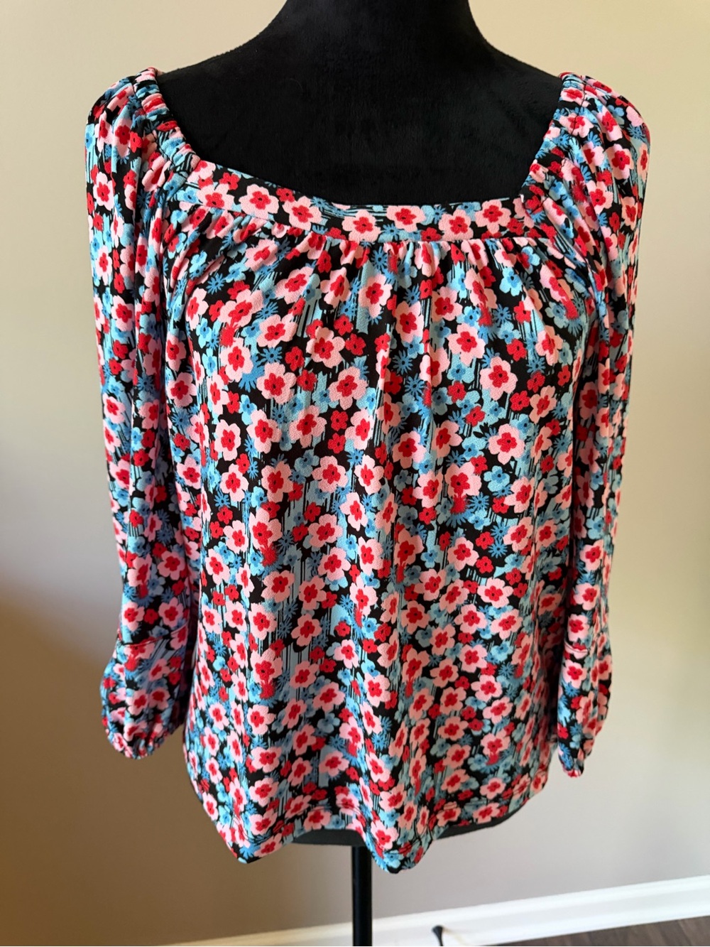 POPSUGAR Floral Square-Neck 3/4-Sleeve Top - Pink & Blue Small